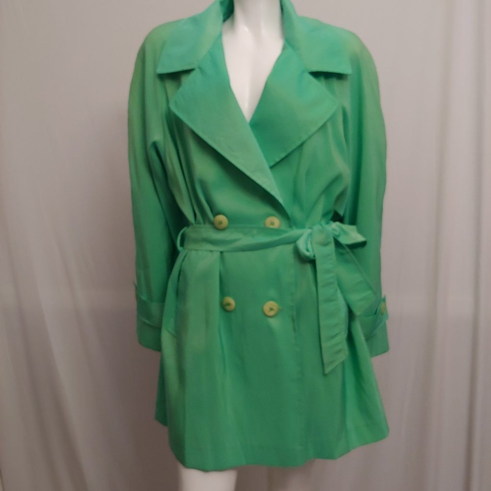 Vision Neon Lime Green oversized coat Shiny Iridescent Pockets Belted